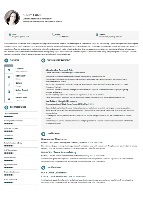 Clinical Research Coordinator resume example