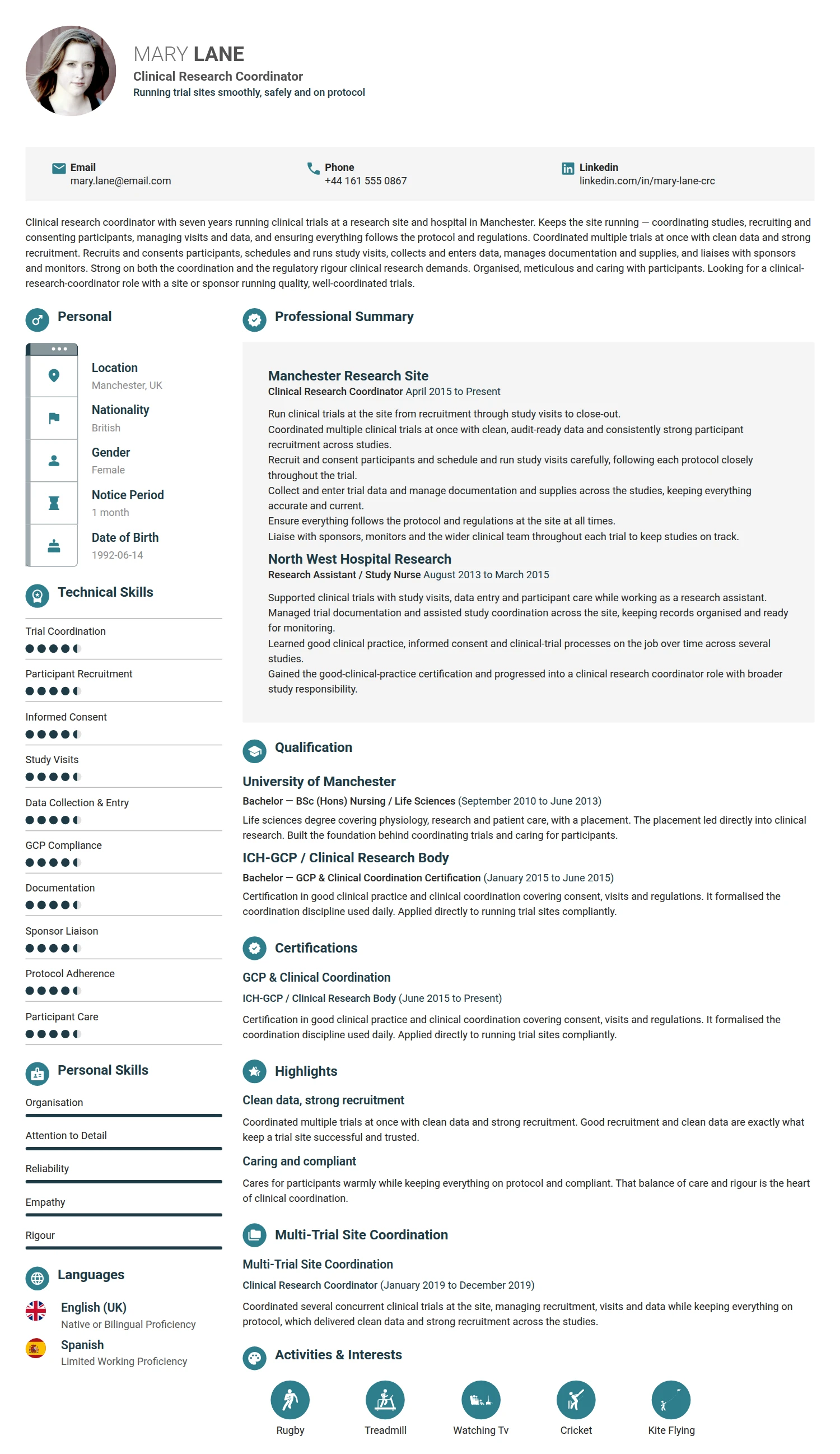 Clinical Research Coordinator resume example — a professionally formatted Science & Research CV sample