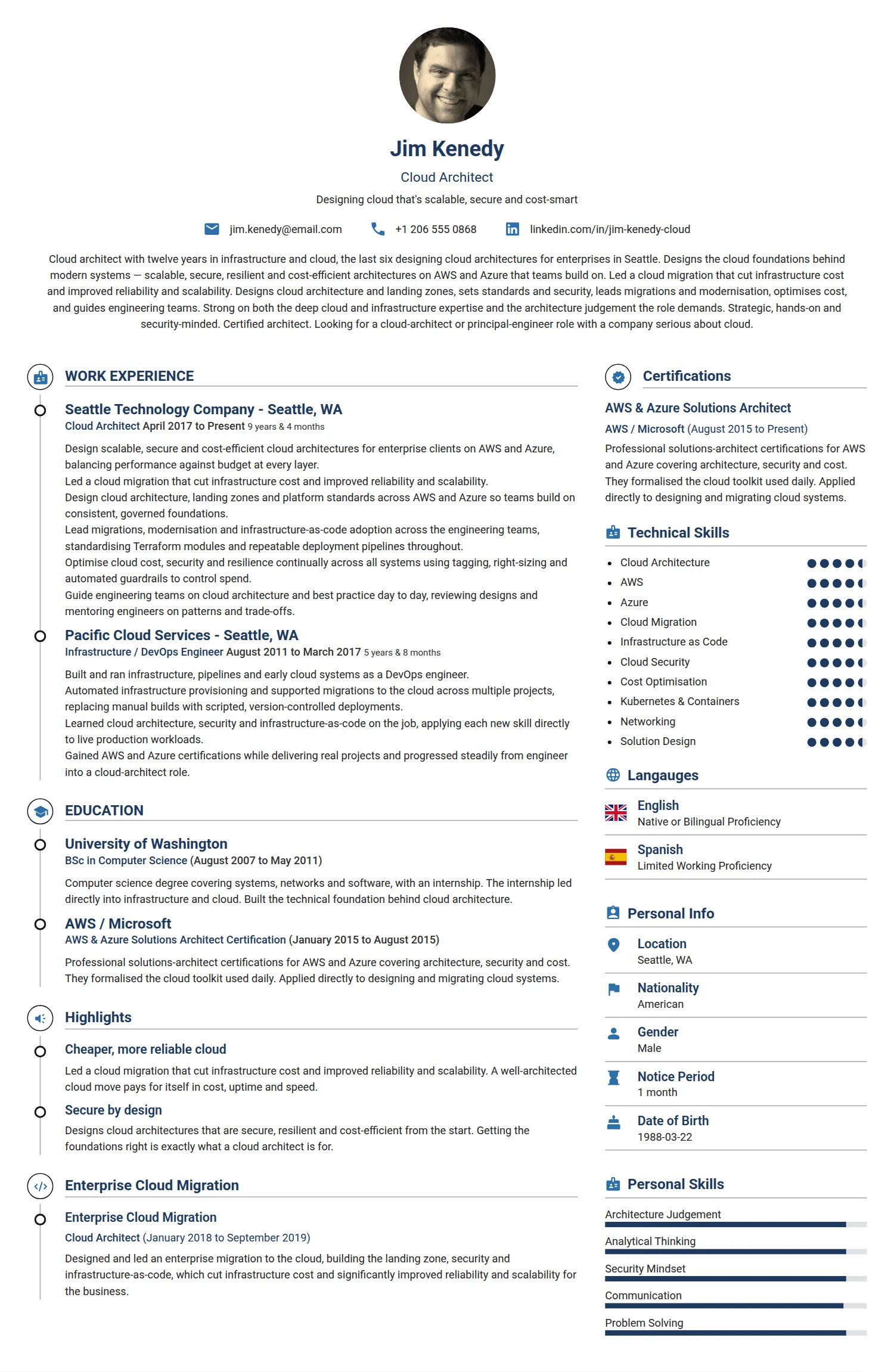 Cloud Architect resume example — a professionally formatted Software Development & IT CV sample