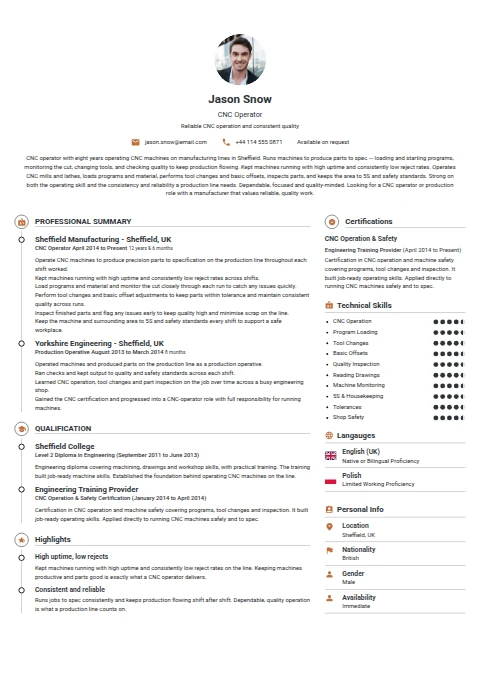 CNC Operator resume example