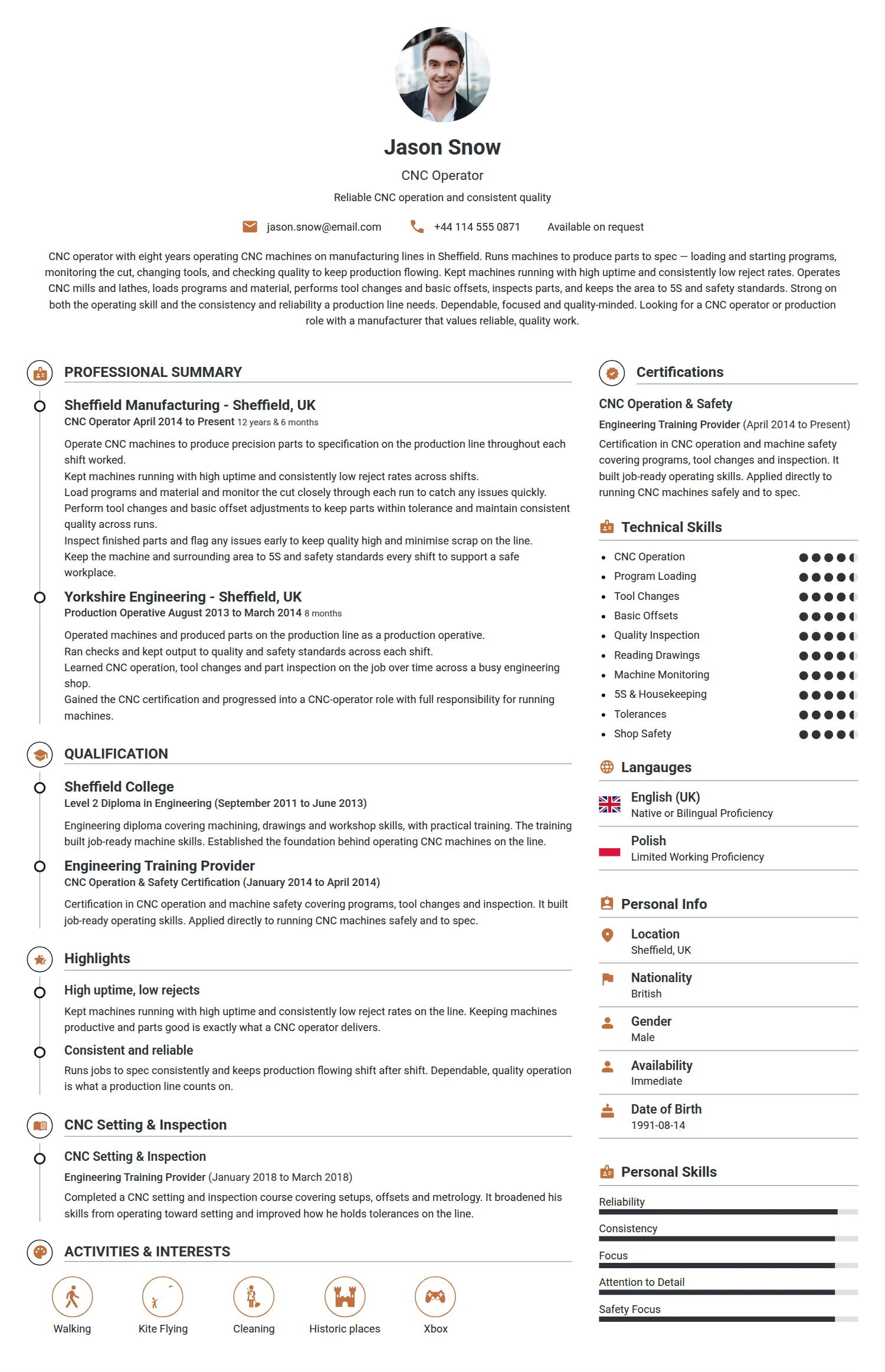 CNC Operator resume example — a professionally formatted Manufacturing CV sample