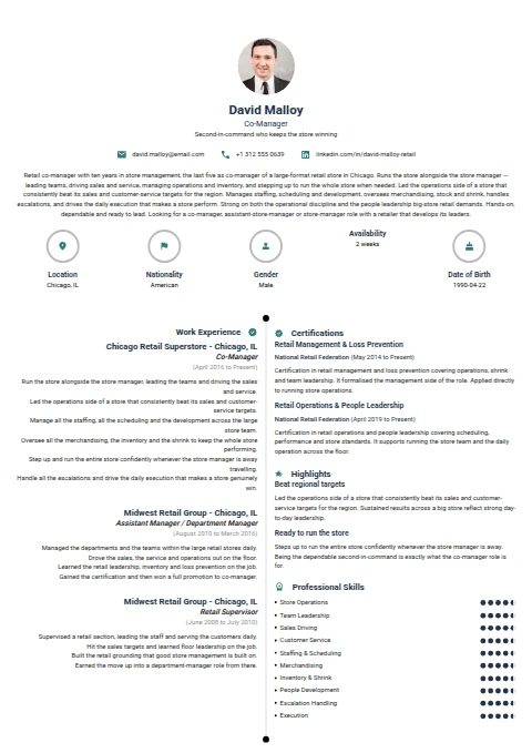 CO Manager resume example