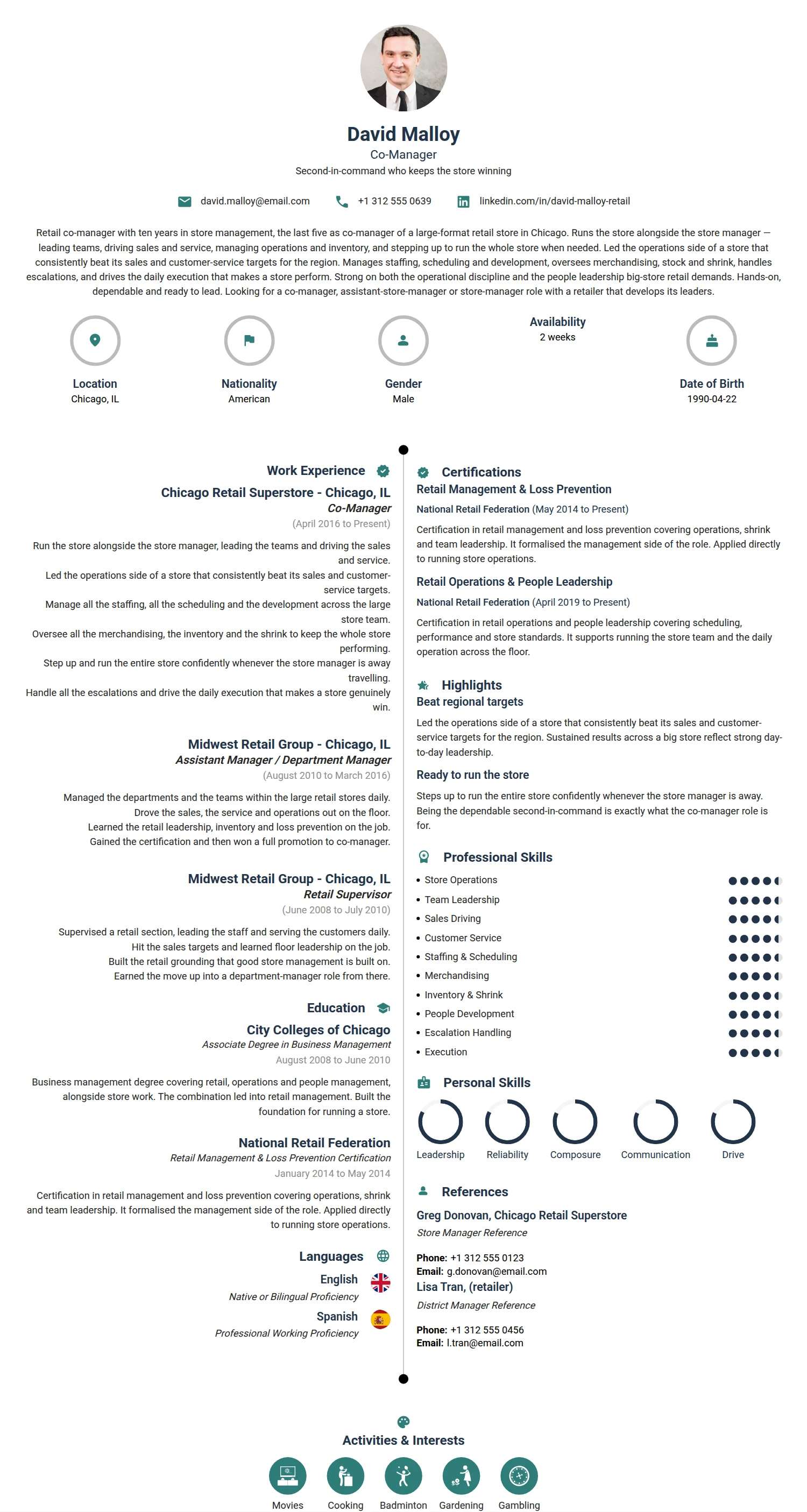 CO Manager resume example — a professionally formatted Business Management CV sample