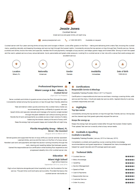 Cocktail Server resume example