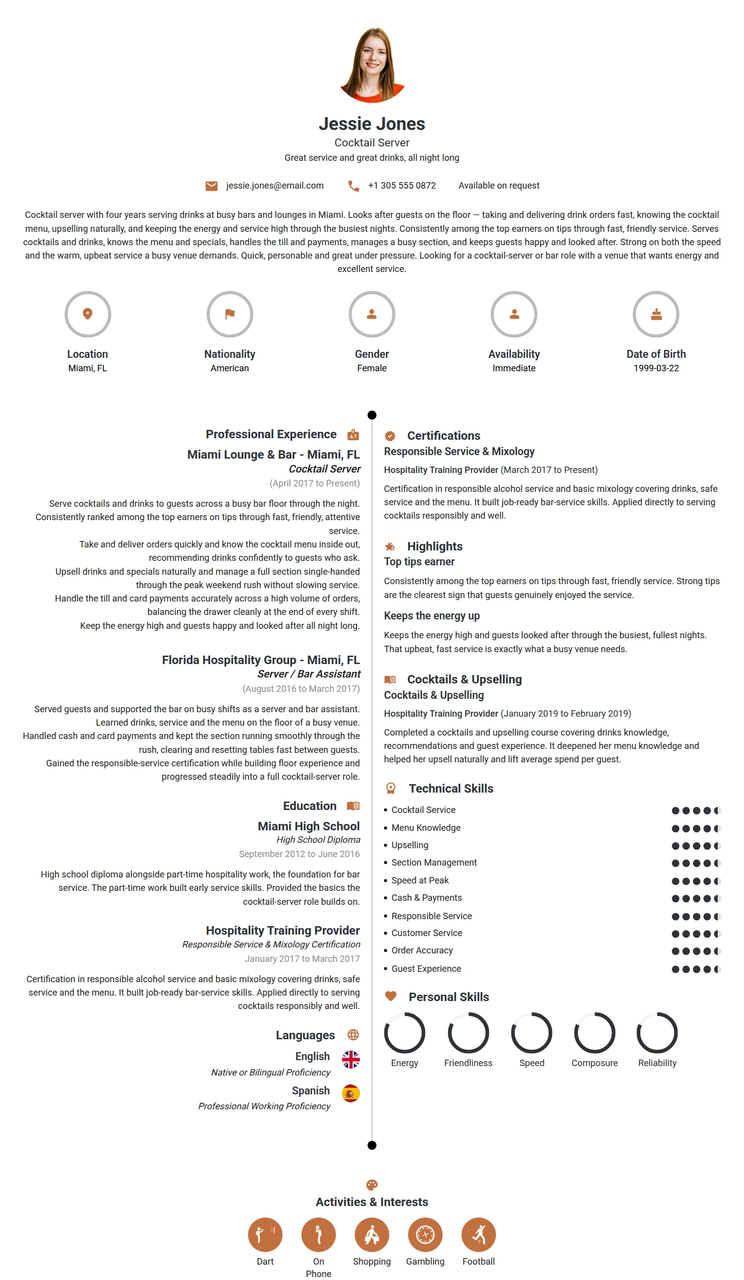 Cocktail Server resume example — a professionally formatted Accounting/Auditing CV sample