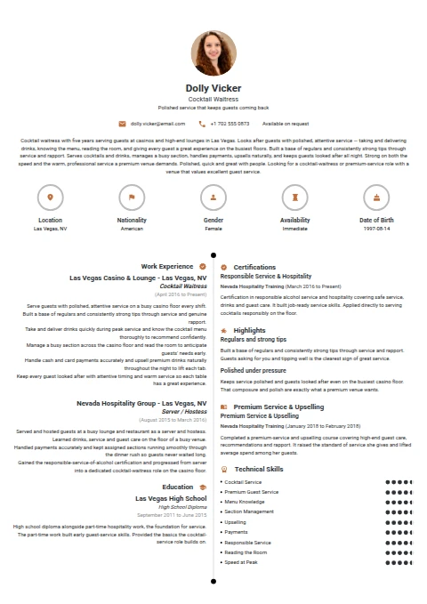 Cocktail Waitress resume example