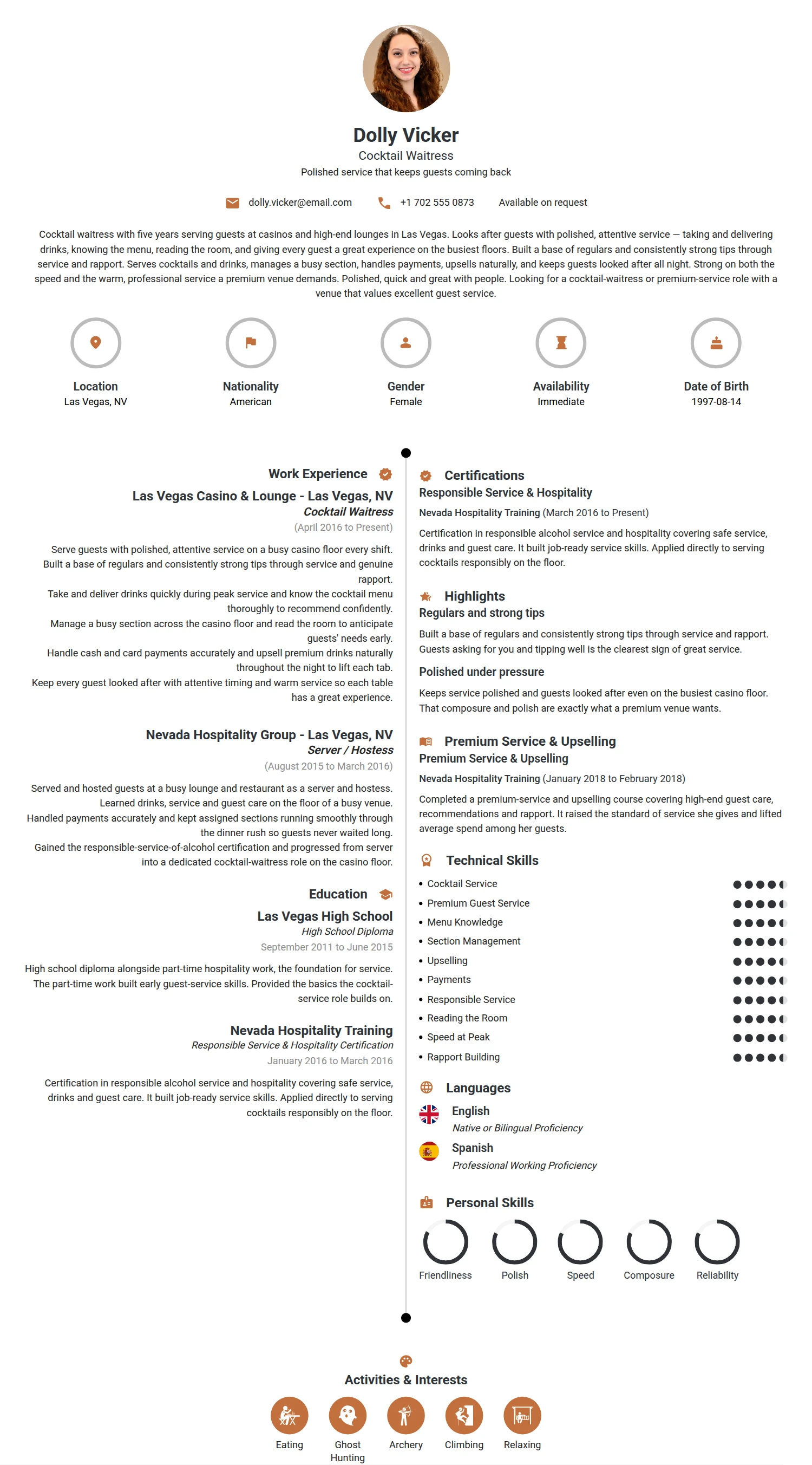 Cocktail Waitress resume example — a professionally formatted Hospitality CV sample