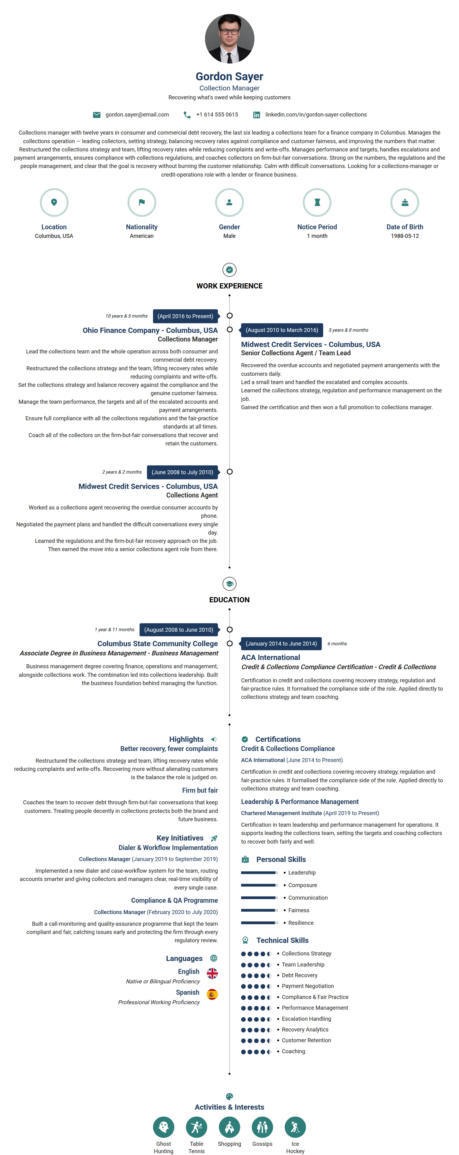 Collection Manager resume example — a professionally formatted Financial Services & Banking CV sample