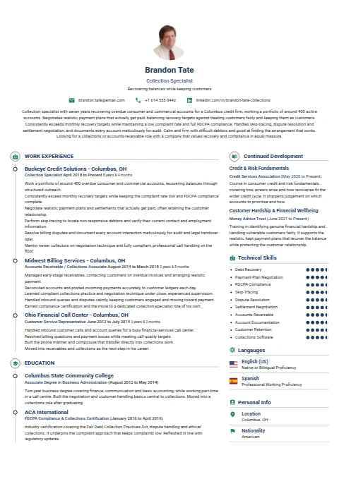 Collection Specialist resume example — a professionally formatted Financial Services & Banking CV sample