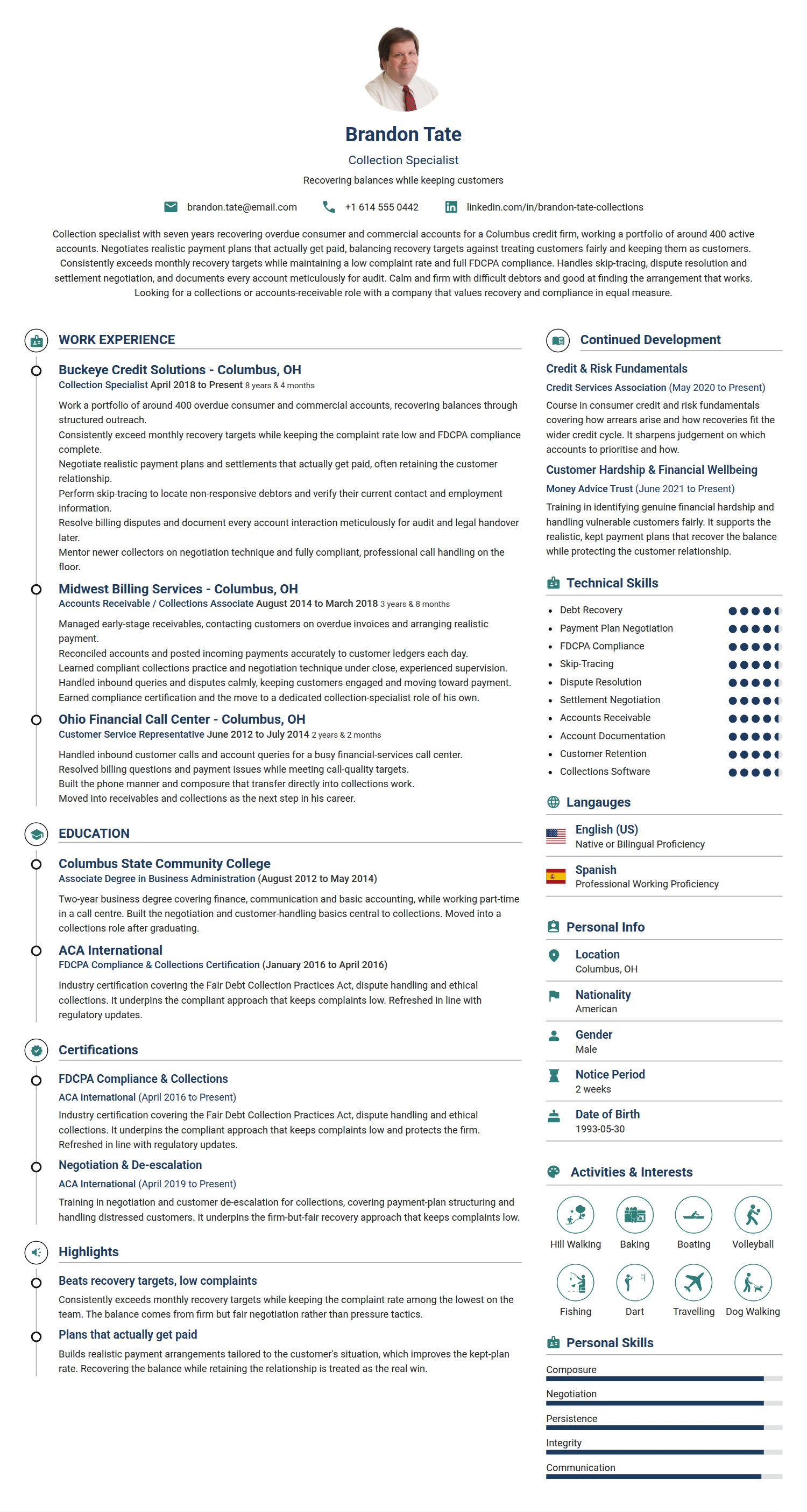 Collection Specialist resume example — a professionally formatted Financial Services & Banking CV sample