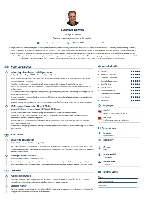 College Professor resume example — a professionally formatted Education CV sample