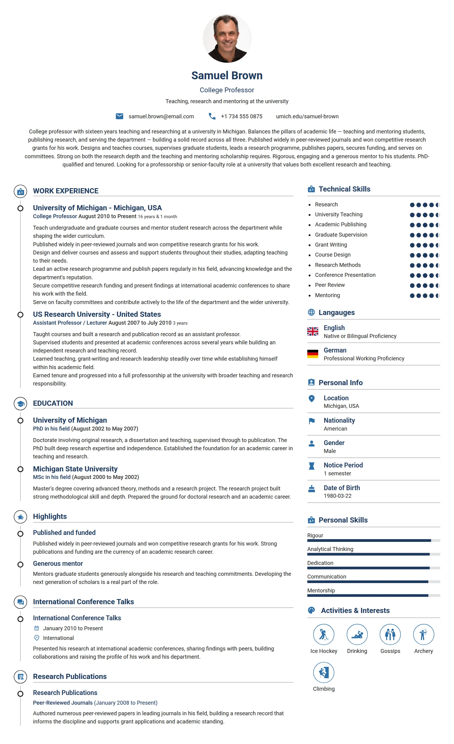 College Professor resume example — a professionally formatted Education CV sample
