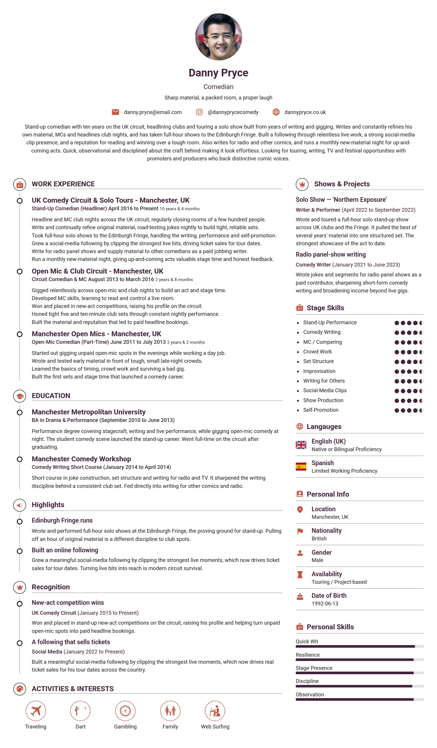 Comedian resume example — a professionally formatted Media/Journalism CV sample