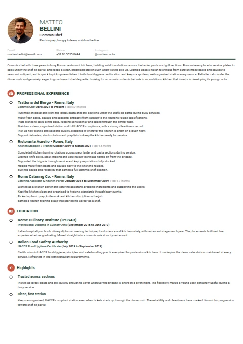 Commis Chef resume example
