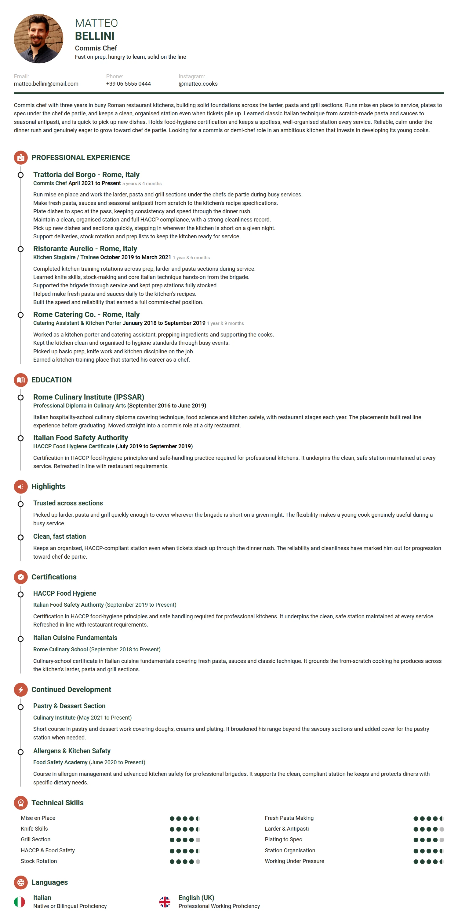 Commis Chef resume example — a professionally formatted Hospitality CV sample