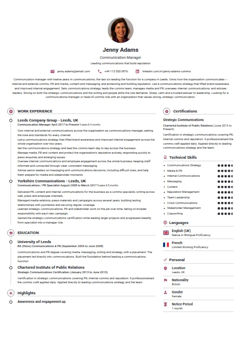 Communication Manager resume example — a professionally formatted Advertising/Marketing/PR CV sample
