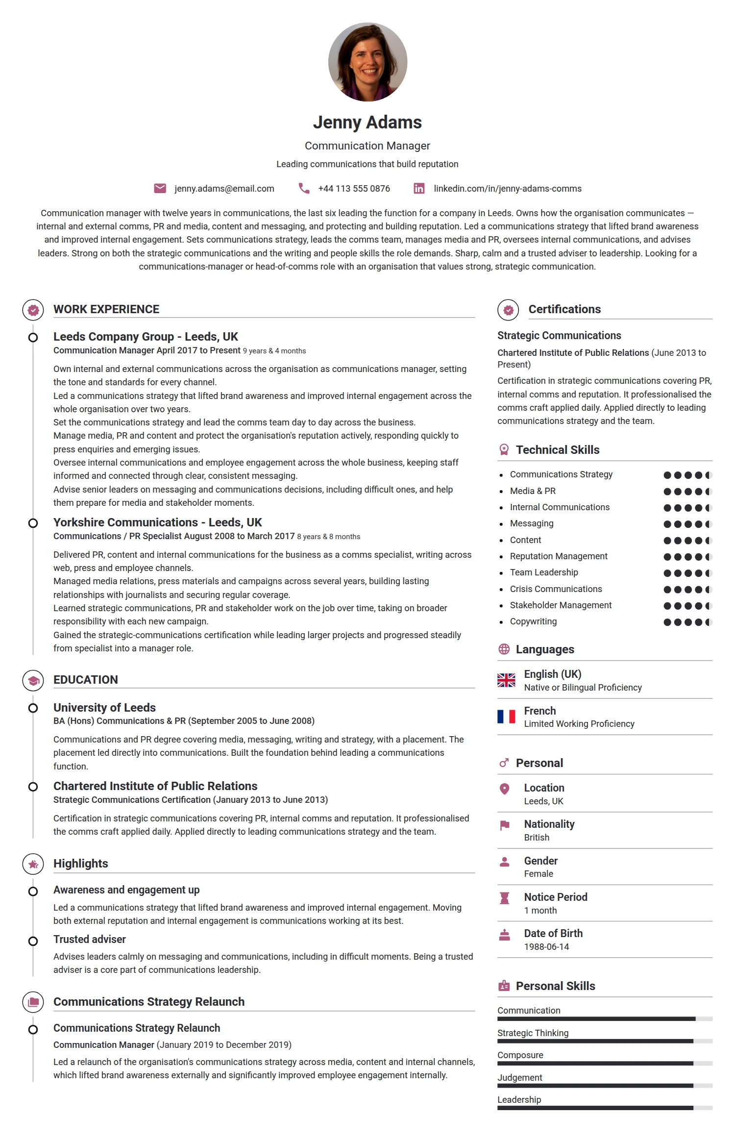 Communication Manager resume example — a professionally formatted Advertising/Marketing/PR CV sample