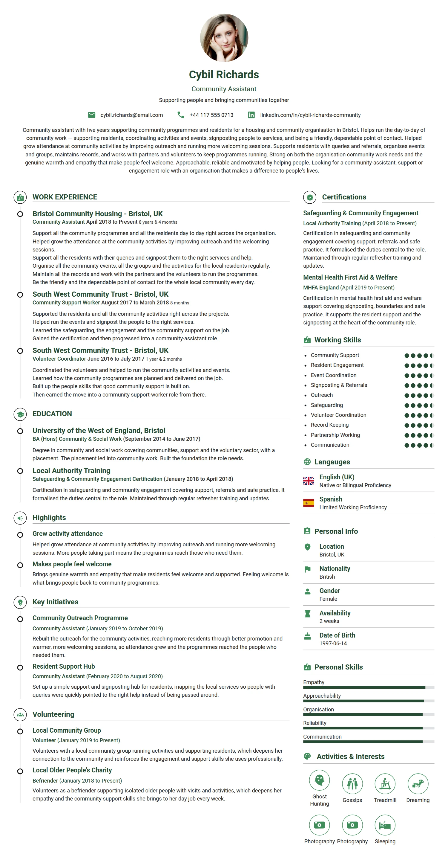 Community Assistant resume example — a professionally formatted Charity/Non-Profit CV sample
