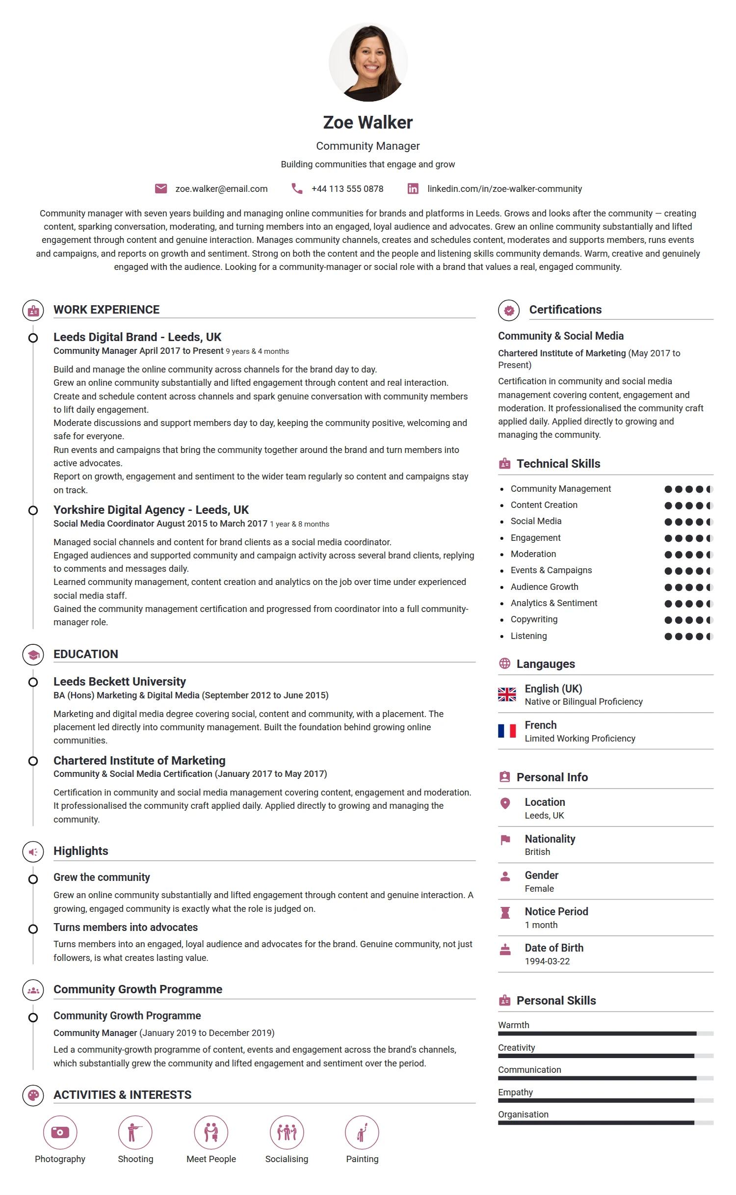Community Manager resume example — a professionally formatted Media/Journalism CV sample