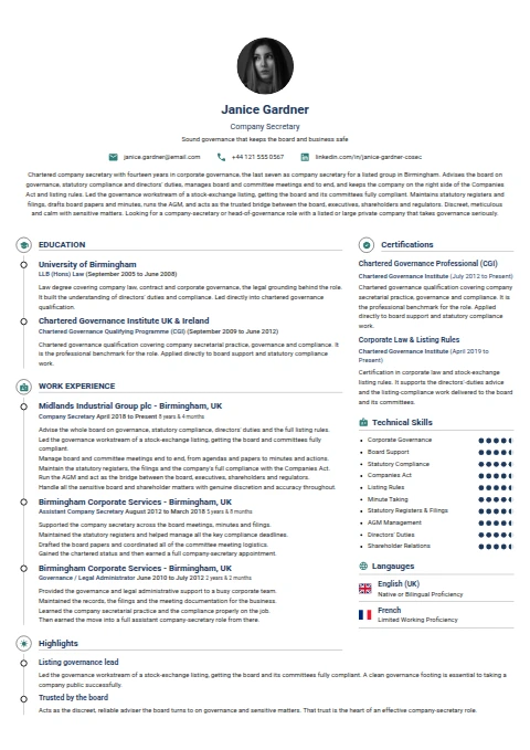 Company Secretary resume example