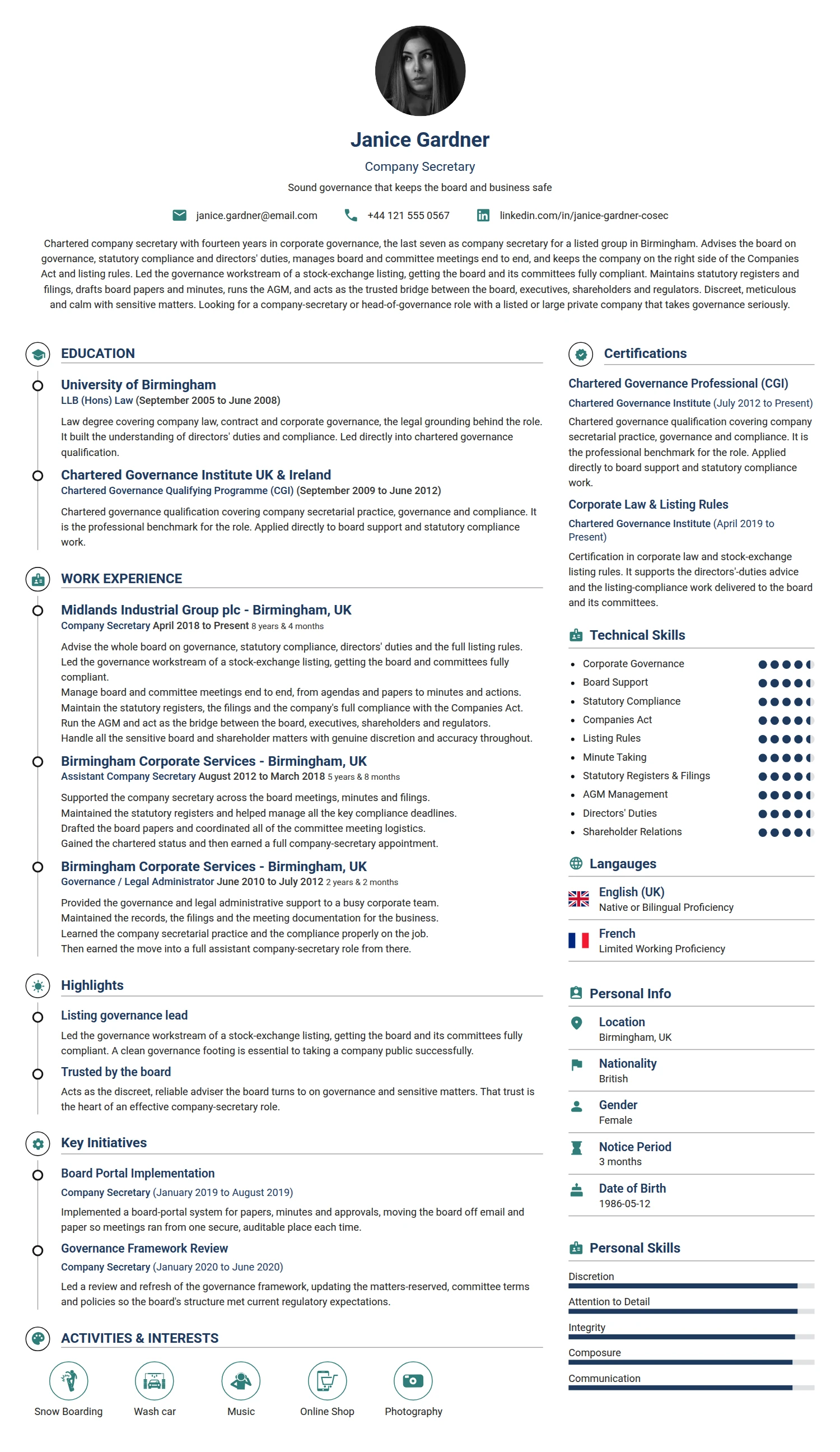 Company Secretary resume example — a professionally formatted Administration CV sample