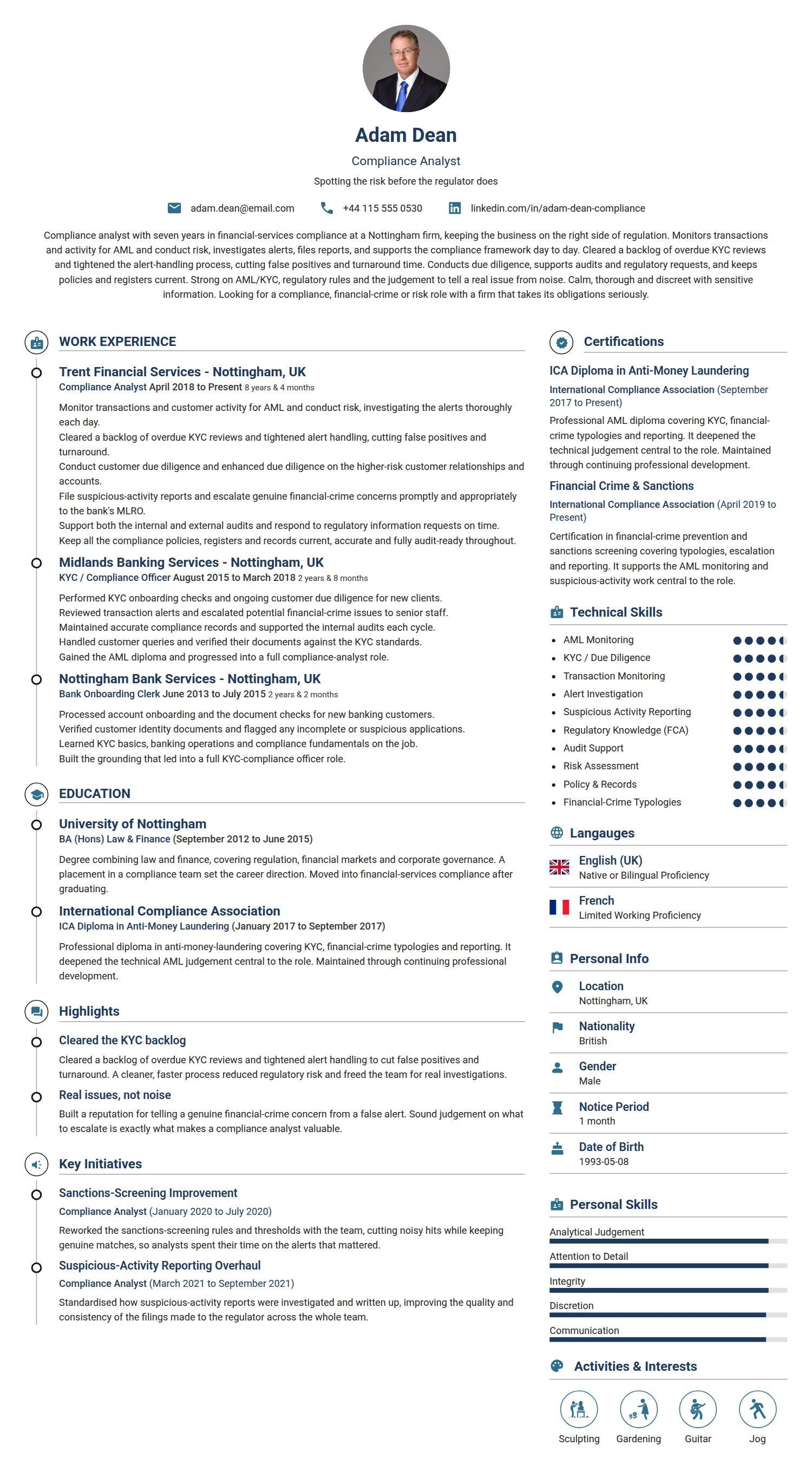 Compliance Analyst resume example — a professionally formatted Financial Services & Banking CV sample