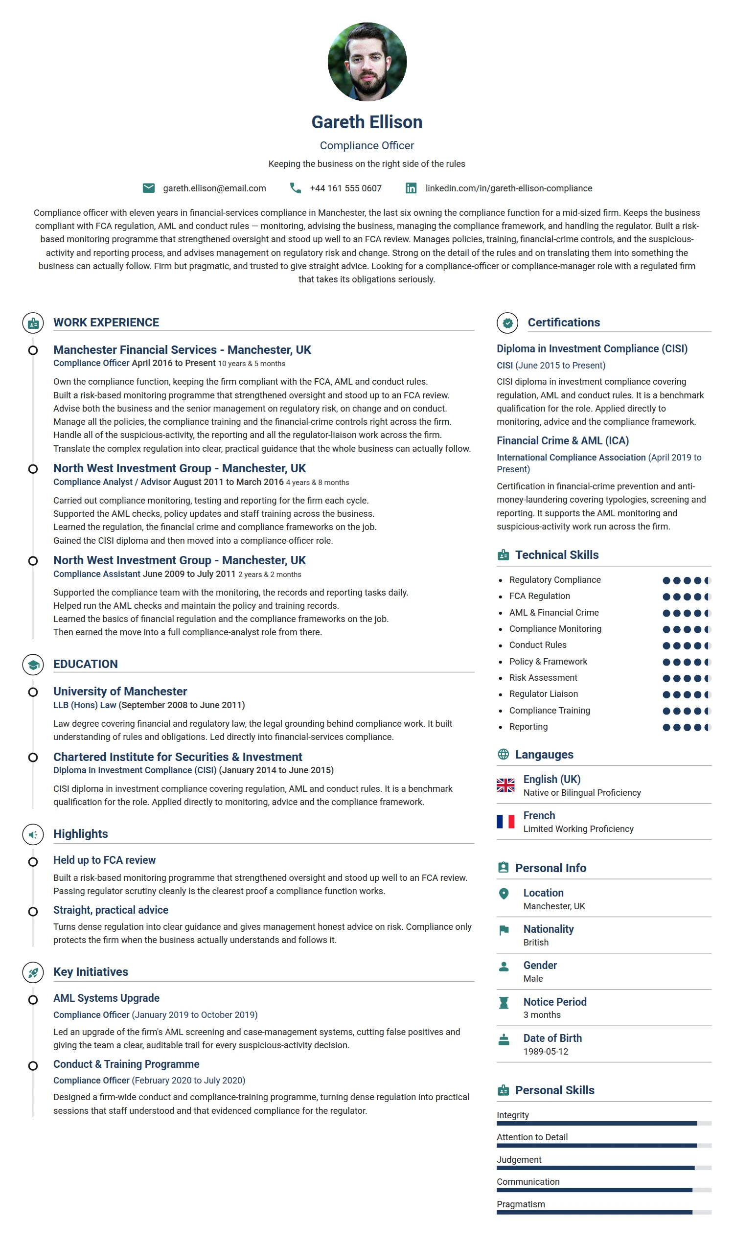 Compliance Officer resume example — a professionally formatted Business Management CV sample