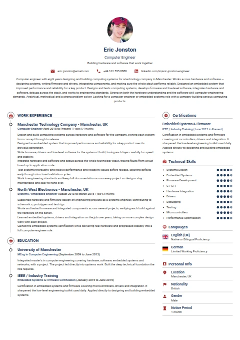 Computer Engineer resume example — a professionally formatted Engineering CV sample