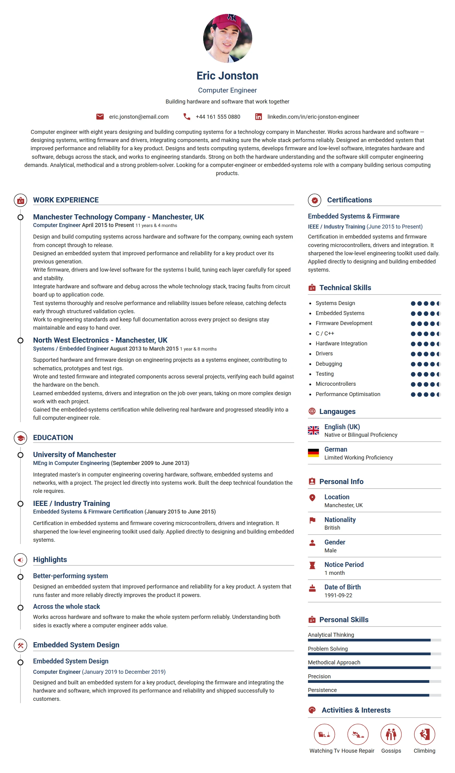Computer Engineer resume example — a professionally formatted Engineering CV sample