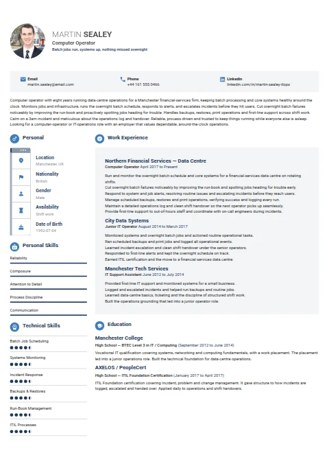 Computer Operator resume example — a professionally formatted Software Development & IT CV sample