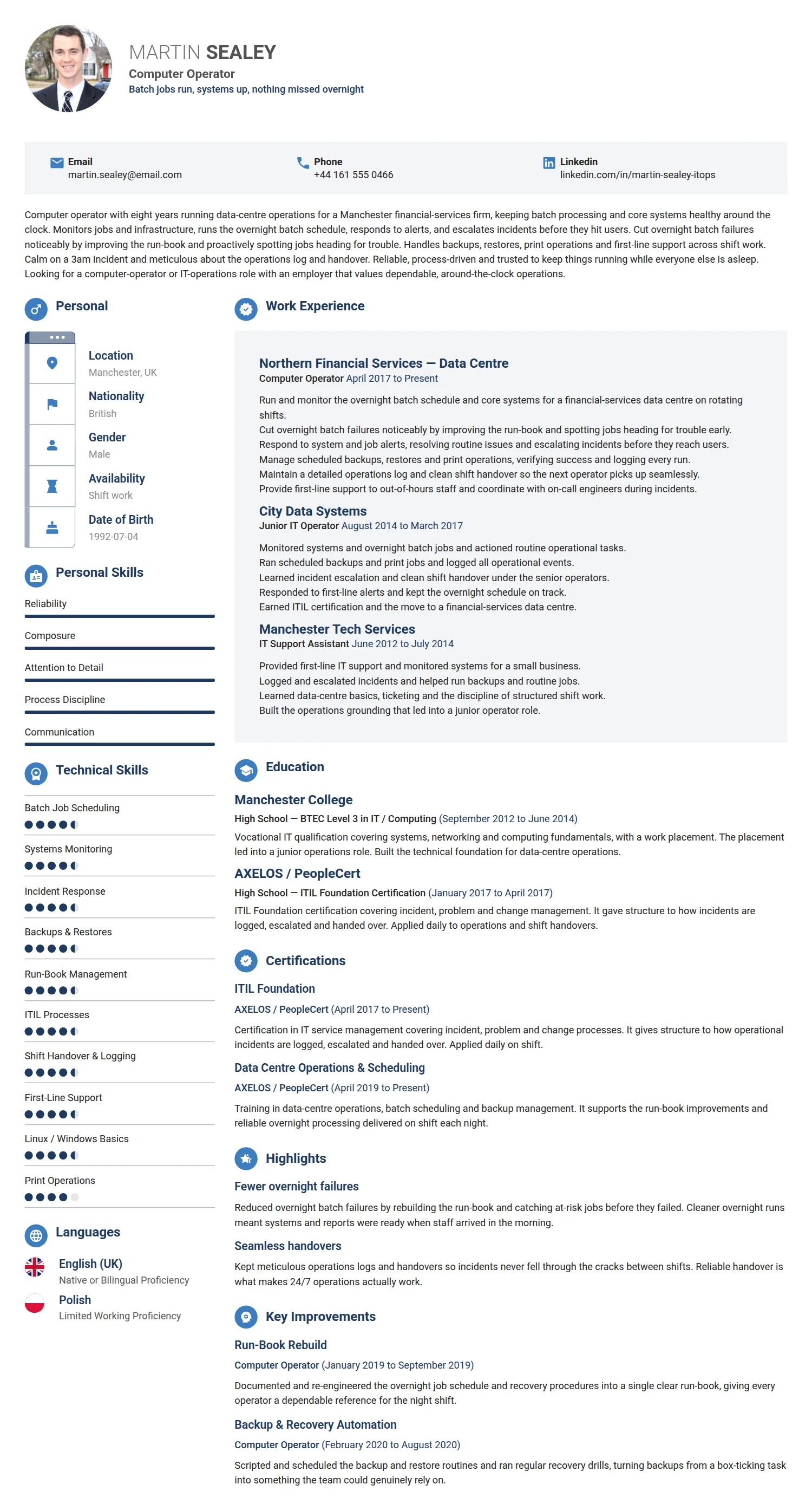 Computer Operator resume example — a professionally formatted Software Development & IT CV sample