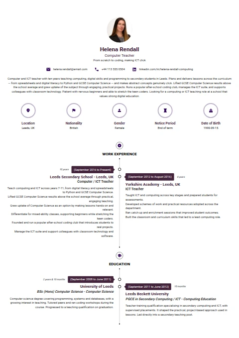 Computer Teacher resume example — a professionally formatted Education CV sample