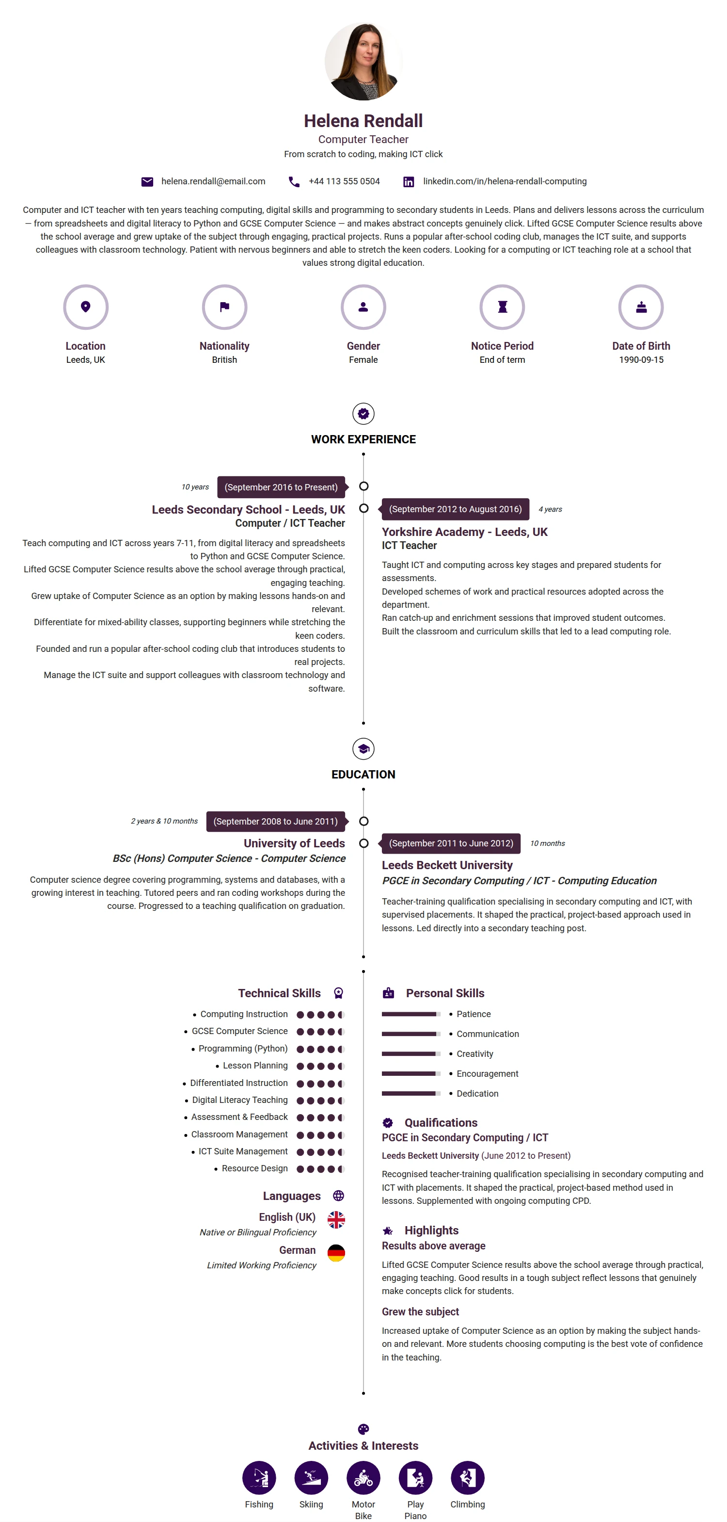 Computer Teacher resume example — a professionally formatted Education CV sample
