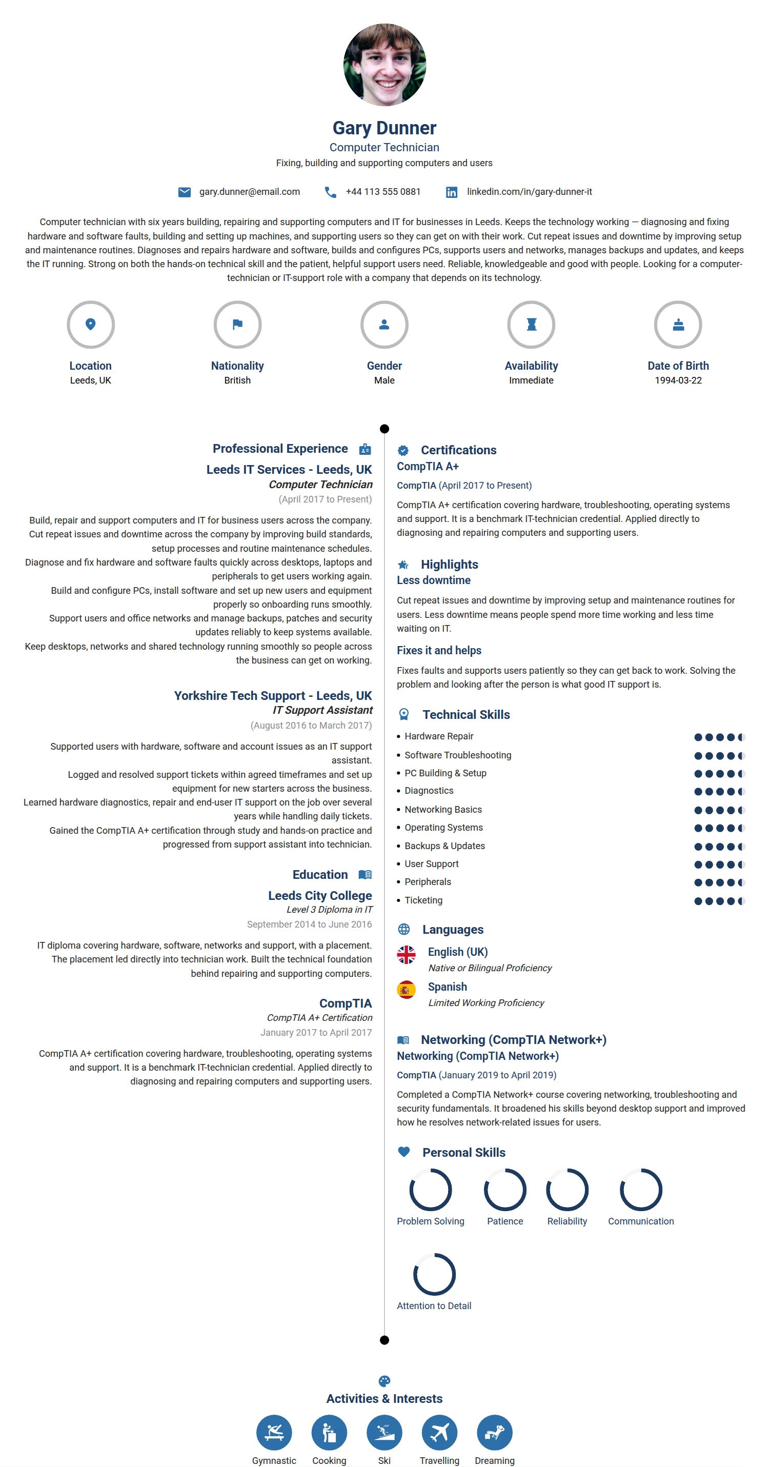 Computer Technician resume example — a professionally formatted Software Development & IT CV sample