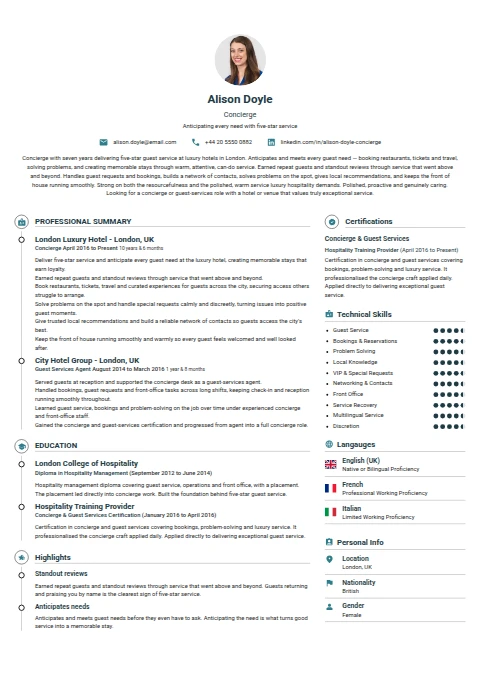 Concierge resume example