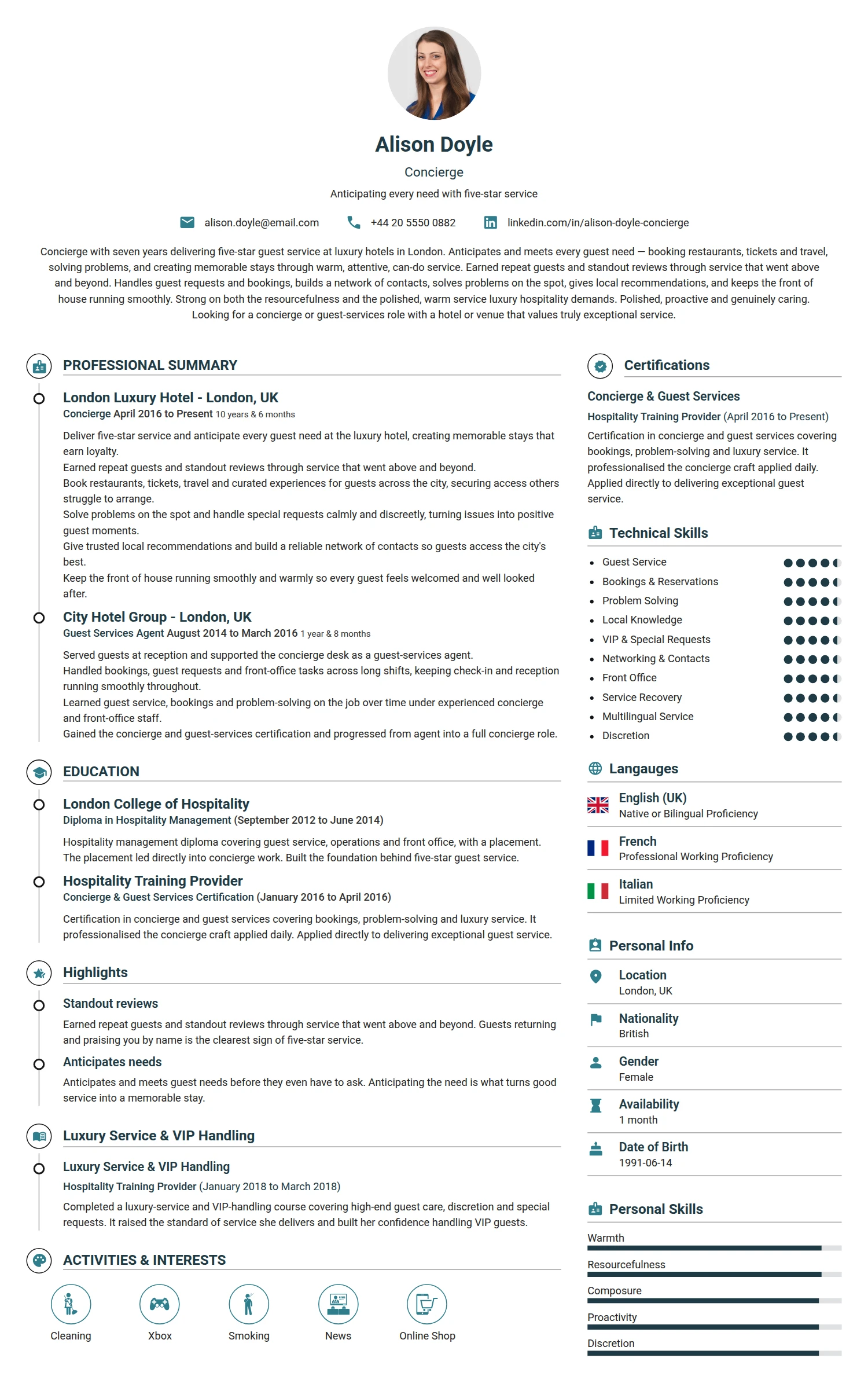 Concierge resume example — a professionally formatted Administration CV sample