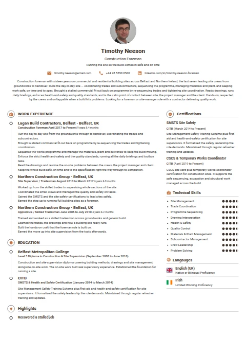 Construction Foreman resume example