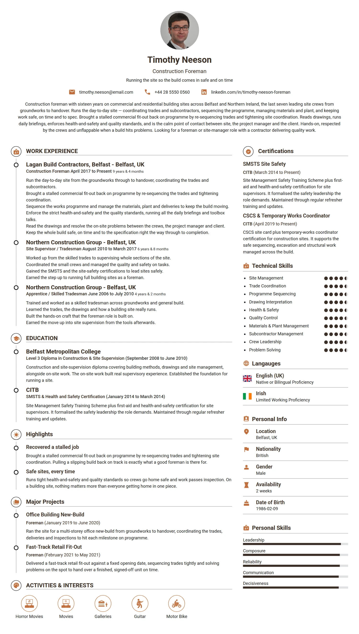 Construction Foreman resume example — a professionally formatted Building/Construction CV sample