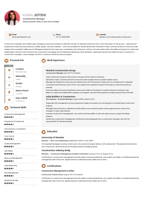 Construction Manager resume example