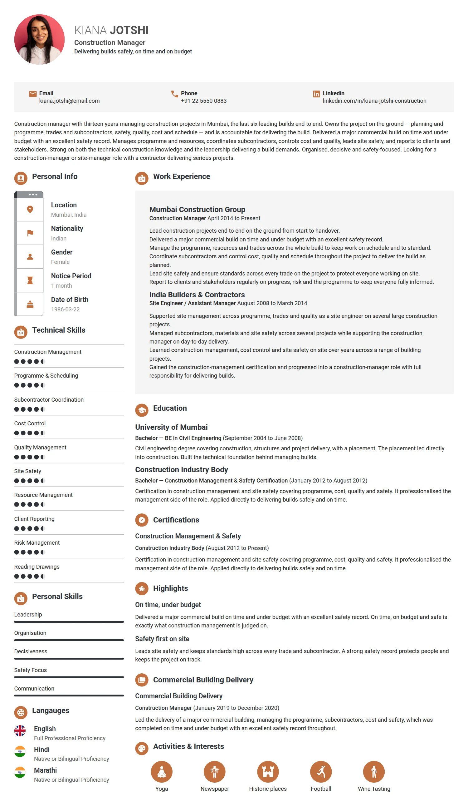 Construction Manager resume example — a professionally formatted Building/Construction CV sample