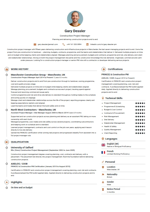 Construction Project Manager resume example