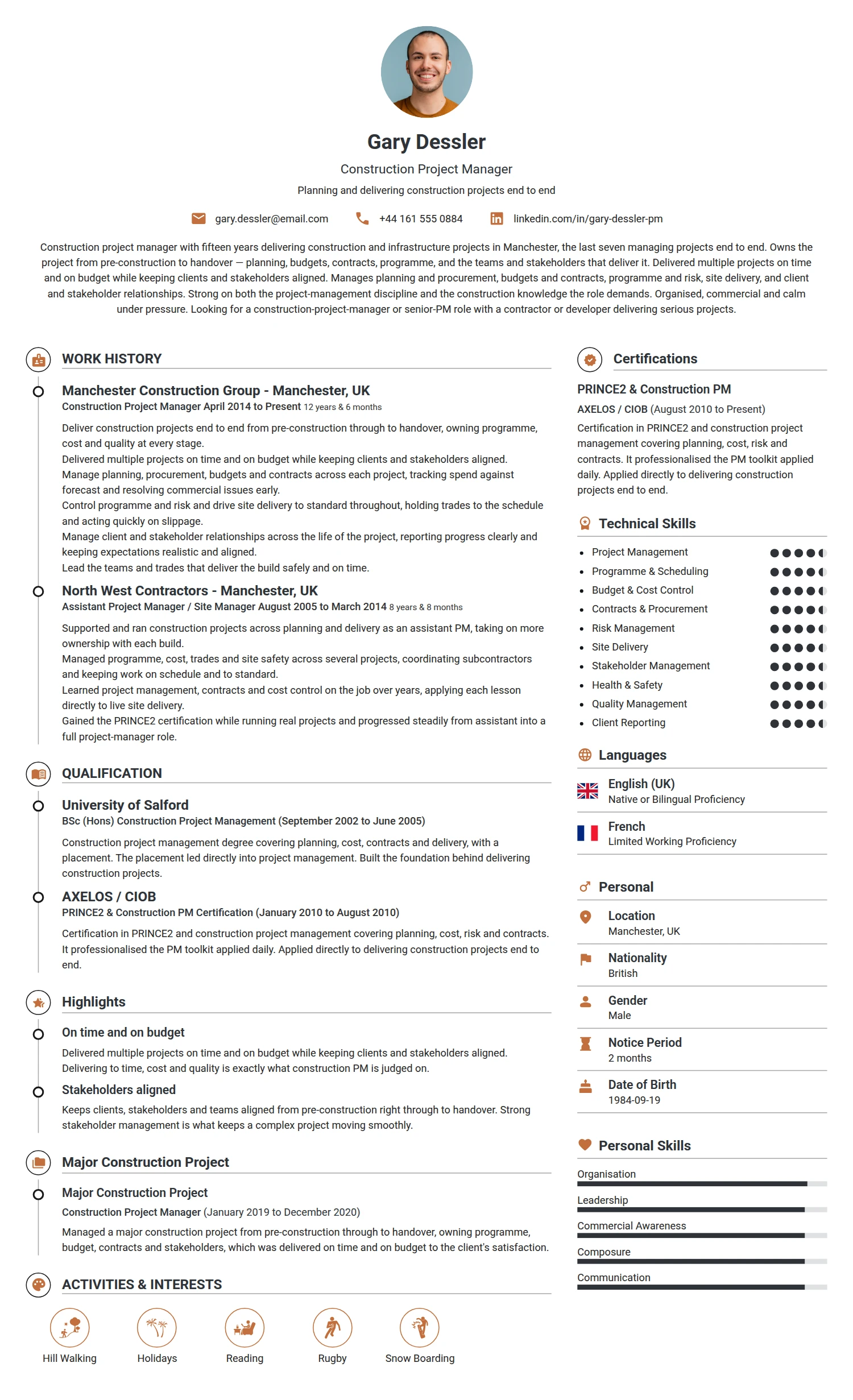 Construction Project Manager resume example — a professionally formatted Building/Construction CV sample