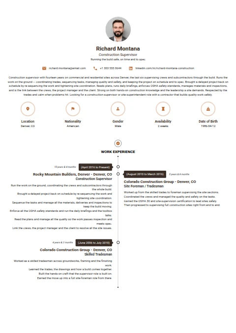 Construction Supervisor resume example