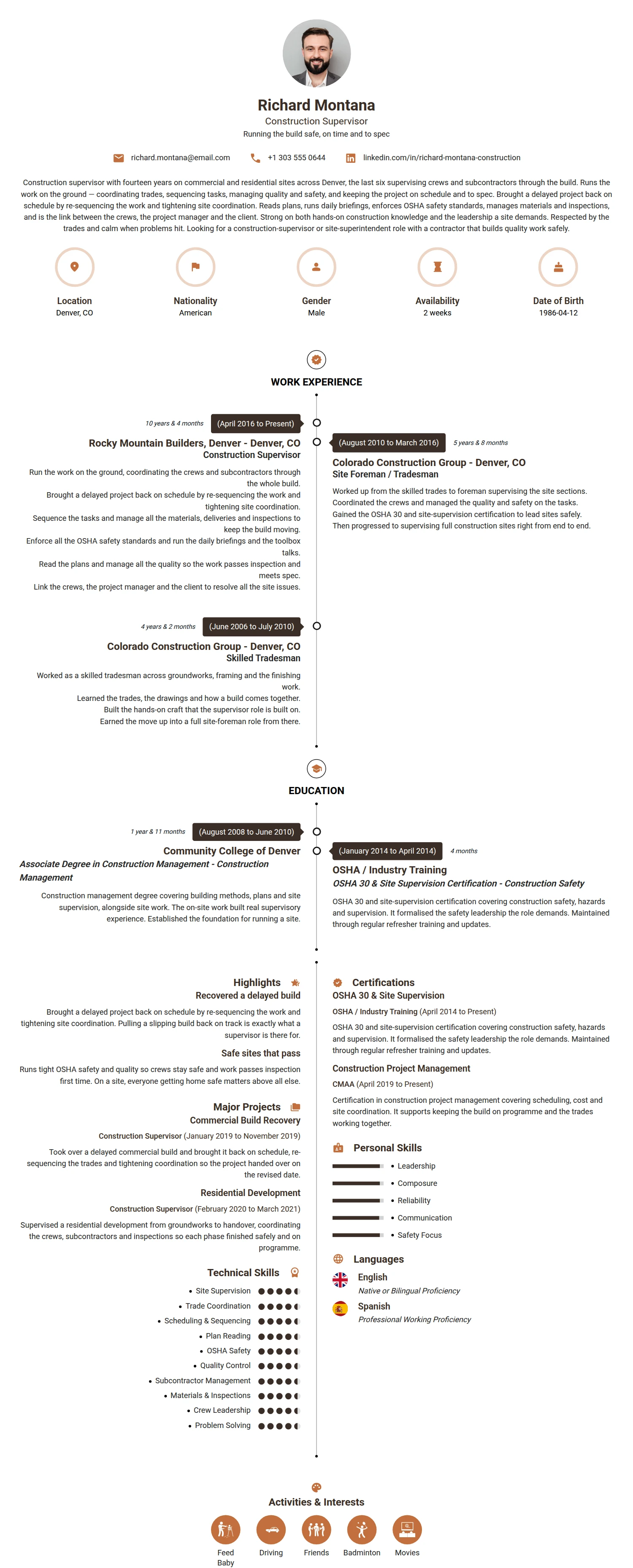 Construction Supervisor resume example — a professionally formatted Building/Construction CV sample
