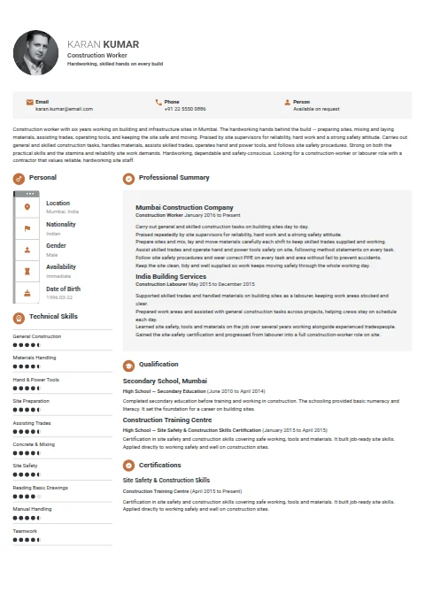Construction Worker resume example