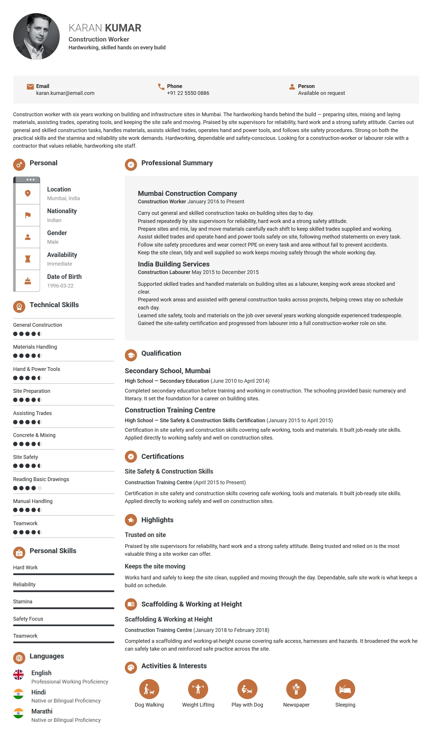 Construction Worker resume example — a professionally formatted Building/Construction CV sample