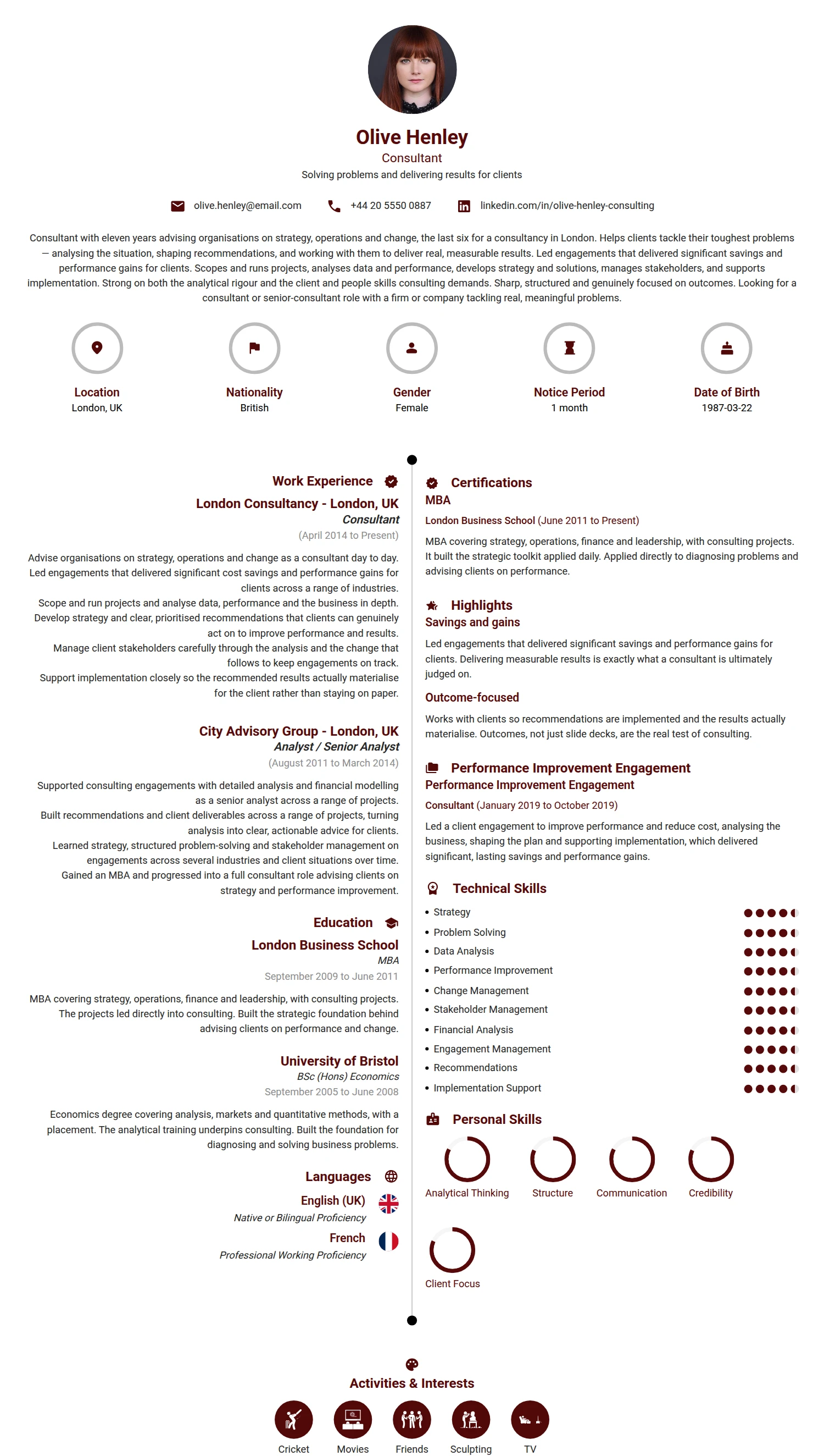Consultant resume example — a professionally formatted Business Management CV sample