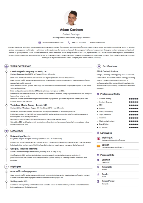 Content Developer resume example — a professionally formatted Media/Journalism CV sample