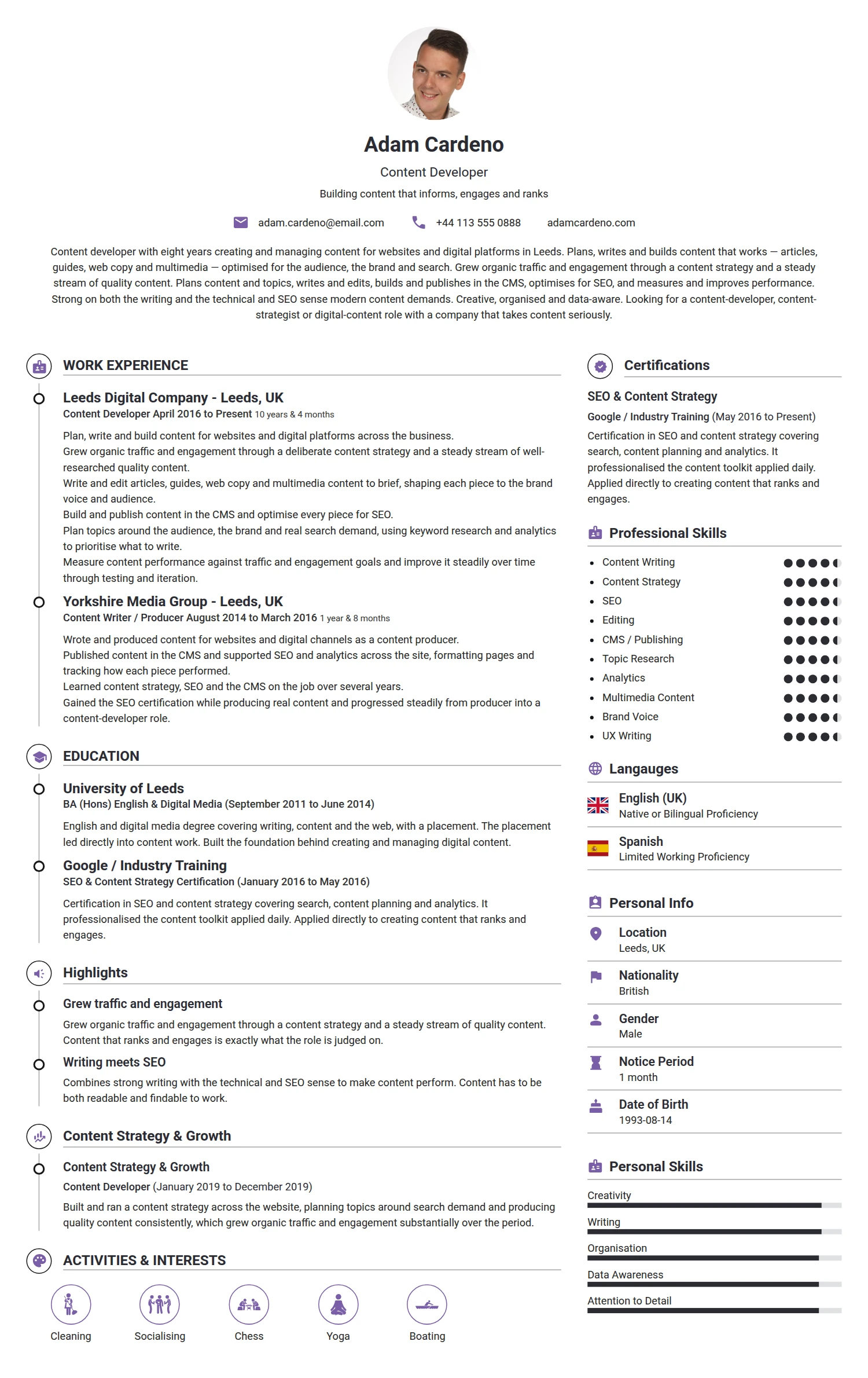 Content Developer resume example — a professionally formatted Media/Journalism CV sample
