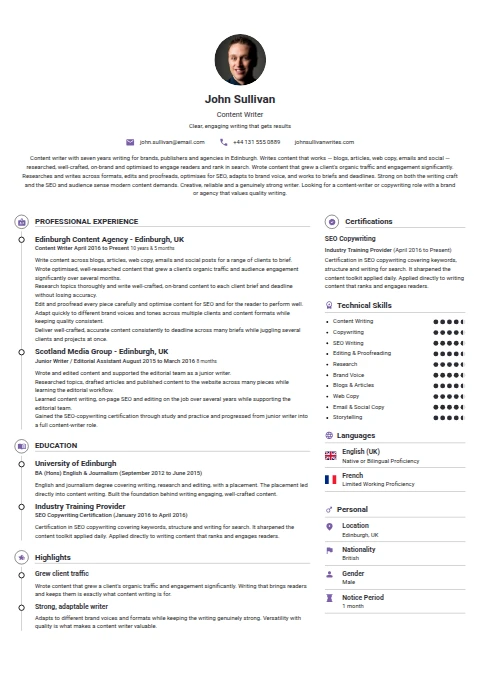 Content Writer resume example